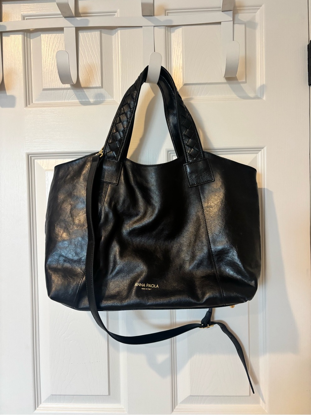 Anna Paola Black Leather Quilted-Handle Tote